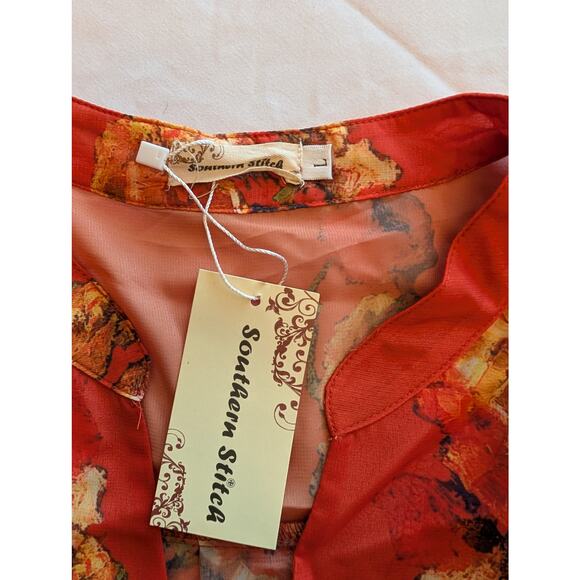 NWT Red Floral Print Tunic‎ Top Crochet Trimmed Boho Style Long Sleeve Blouse - Picture 4 of 7